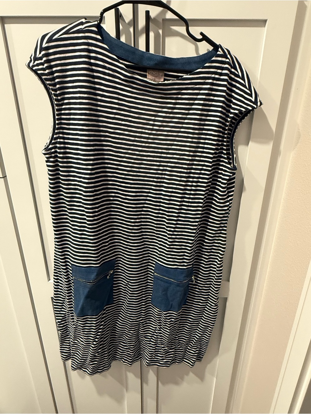 ChicosStriped Navy and White Sleeveless Tunic with Blue Pockets
